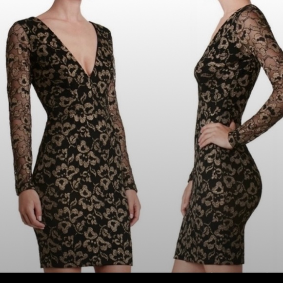 Dress The Population Erica black gold lace long sleeve mini dress plunge XS - Picture 2 of 9